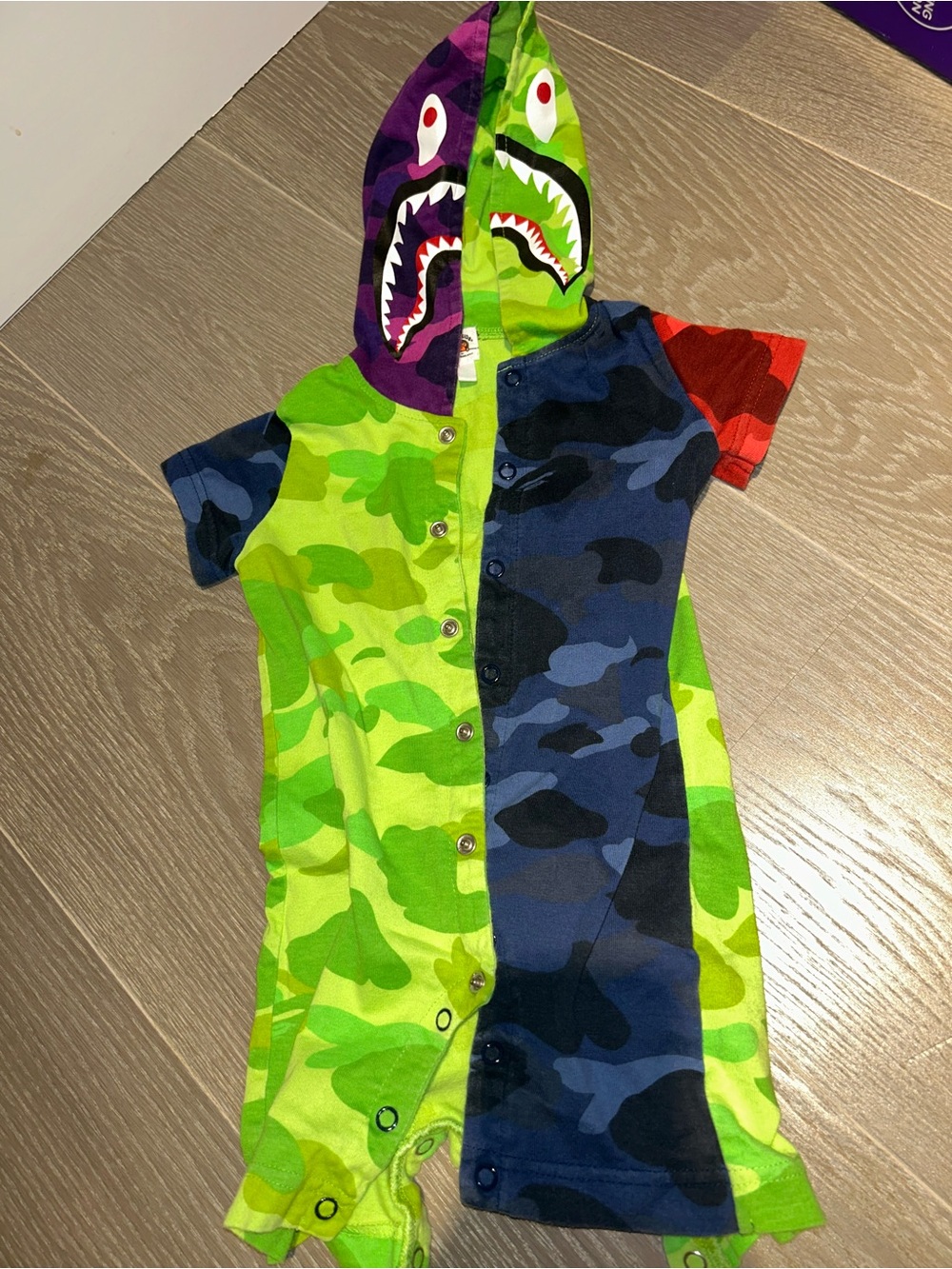 Bape Kids One-Piece Shark Hooded Romper in Green, Blue, Red, Purple